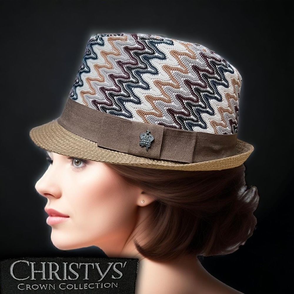 Christy's Crown Collection Women's Zigzag Pattern Hat Tan Navy Size Small/Medium